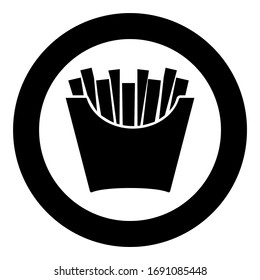 French fries in package Fried potatoes in paper bag Fast food in bucket box Snack concept icon in circle round black color vector illustration flat style image