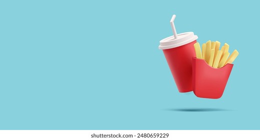 Patatas fritas en un paquete, y refrescos en una taza de papel rojo, 3D. Para conceptos de comida sabrosa, comida rápida. Vector