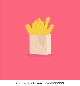 French fries in  packaging on red background.