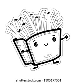 French fries packet cartoon character with happy face. Black and white vector illustration. Fast food concept for store signs, booklets, flyers, for posters, cards, etc.