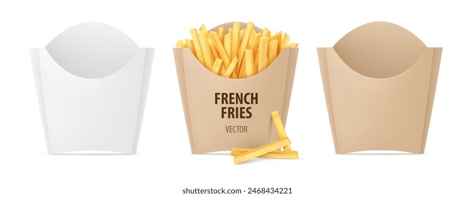 French fries packs set. Fried french potatoes kraft paper box. Snack fast food takeaway. Popular roasted potato chips sticks snack packing, isolated white background. Realistic. Vector illustration.