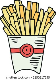 French fries in paper bag. Fast food snack icon