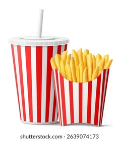 French fries in paper bag and Red and white striped disposable soft drink cup with straw. isolated on white background. takeaway food and drinks, mockup. Realistic 3d vector illustration.