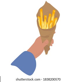 French fries in a paper bag vector stock illustration. Traditional street food of Belgium, Brussels. french fried potato straws feathers close-up. Hungarian Cuisine.fast food isolated on white
