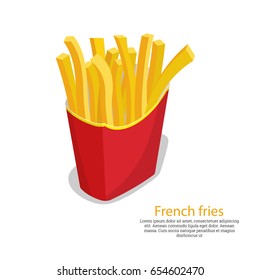 French fries in a paper bag.Fast food.3D vector illustration.Isometry.Design element in flat style.