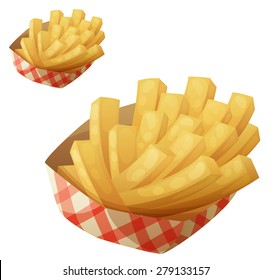 French Fries In The Paper Basket. Detailed Vector Icon Isolated On White Background. Series Of Food And Drink And Ingredients For Cooking.