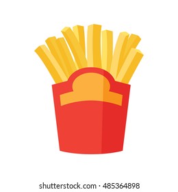 French fries in paper box flat vector icon. Yellow fast food fried potatoes package isolated on white background