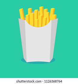 French fries in paper box, isolated. Vector illustration, flat design with shadow. Fast food in a package.