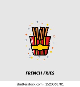 French fries in paper box, isolated. Vector illustration, flat design with fiiled outline. French fries fast food in a red and yellow package