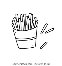 French fries in a paper box isolated on white background. Fast food. Vector hand-drawn illustration in doodle style. Perfect for various designs, cards, logo, menu.