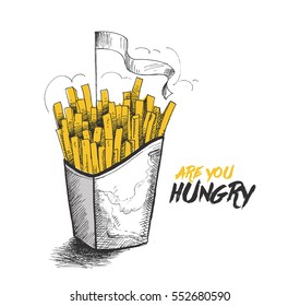 French fries in paper box for monochrome fast food ad, Hand Drawn Sketch Vector illustration. 