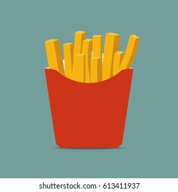 French fries in paper box. Potato of fast food in a red package. Vector illustration.