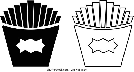 french fries in paper box realistic icon set. Fried potato pices pile fast food in package black flat and line vector collection isolated on transparent background. Snack meal menu symbol.