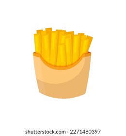 French fries in paper box vector illustration. Cartoon isolated potato stick chips in container, carton cup from menu of fastfood restaurant with takeaway salty crispy potato snack, fresh appetizer