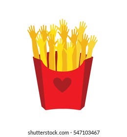 French fries in a paper box,with a heart on upakovke isolated. Vector illustration. French fries fast food in a red package.
