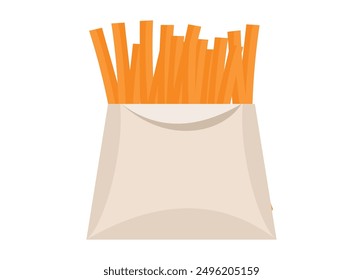 Patatas fritas en un recipiente de papel. Ilustración plana simple.