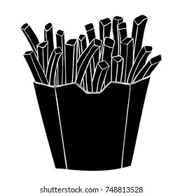 French fries in a paper cup. Black silhouette drawing. Vector illustration isolated on white background