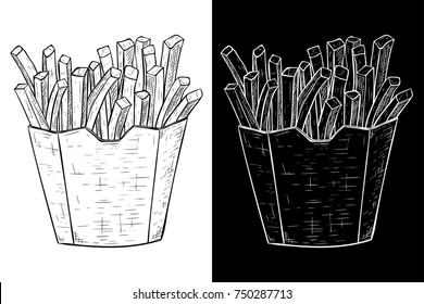 French Fries In A Paper Cup. Hand Drawn Sketch. Vector Illustration