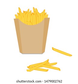 French fries in a paper cup on a white background.