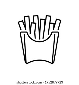 French fries in paper cup thin line icon isolated on white. Potato finger chips in disposable packing outline pictogram. Fast street take away food, snack vector element for infographic, web.