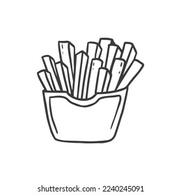 Pommes frites in einem Papierpack im Doodle-Stil. Ungesunde Lebensmittelskizze für Menüs, Schaufenster, Karten, Poster, Wallpaper.Vektorgrafik. 