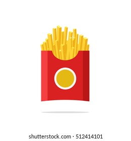 French fries in paper package box vector illustration isolated on white background, flat cartoon style fast food icon, fried potato, french-fried potatoes