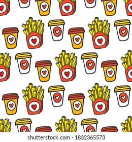 French fries with paper plastic coffee cups to go. Seamless pattern