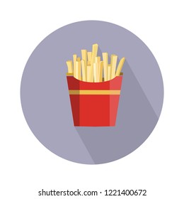 French fries in paper red box, icon. Vector illustration, flat design. Fast food icon