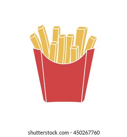 French fries in paper red box, icon. Vector illustration, flat design. Fast food icon.