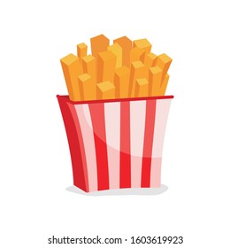 French fries in a paper red pack Vector illustration in cartoon style. Unhealthy food. Decoration for badges, posters, emblems, menus etc. 