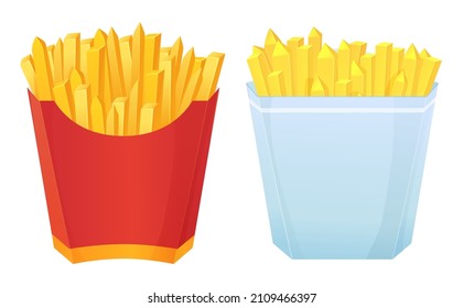 French fries in paper red and white box. Different shape of potato slices. Fastfood, junk food concept. Can be used as mockup. Stock vector illustration in cartoon realistic style isolated on white