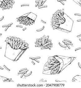 French Fries Pattern. Hand Drawn Seamless Texture For Fast Food Menu With Potato Dips. Black And White Unhealthy Delicious Snacks Background Template. Vector Junk Meal Sketch Print