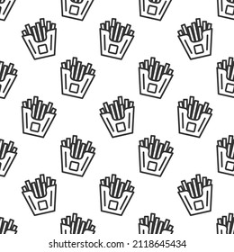 French fries pattern with hand drawn icons. Trendy vector black and white french fries pattern. Seamless monochrome fries pattern for fabric, web backgrounds, wallpapers, wrapping paper, and cards.