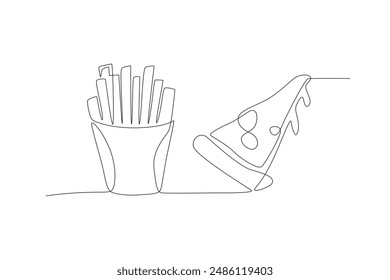 French fries and pizza. Fast food concept one-line drawing