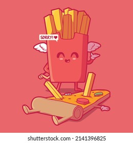 French fries and pizza slice character vector illustration. Food, funny, love design concept.