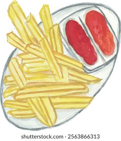 French fries in a plate with tomato and chili sauce hand drawn watercolour illustration with isolated white background