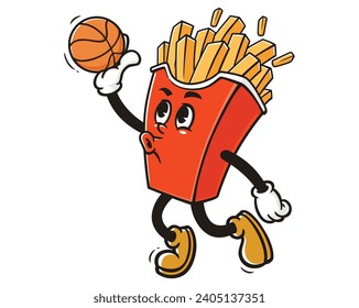 Französische Pommes frites spielen Basketball-Slam Dunk Cartoon Maskottgrafik Charakter Vektorklammer Kunst