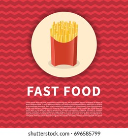 French fries poster. Cute colored picture of fast food. Graphic design elements for menu, poster, brochure. Vector illustration of fast food for bistro, snackbar, cafe or restaurant