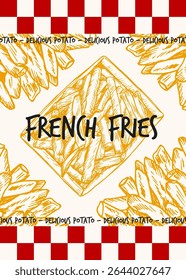 French fries poster design. Potato chips, fried slices sketch outline drawing illustration in engraving style. Fast food hand drawn vector clipart