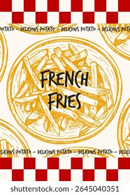 French fries poster design with sketch drawing illustrations. Potato chips, fried potato slices drawin in engraving style. Fast food hand drawn vector clipart