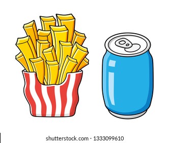 French fries potato chips box and drink can isolated