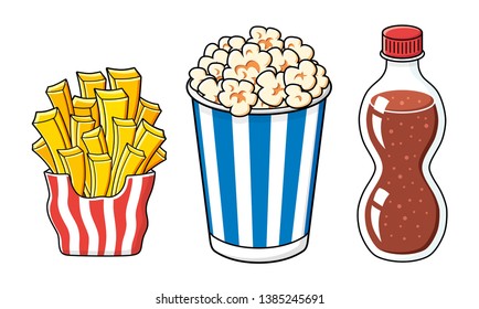French fries potato chips, popcorn box and cola bottle isolated.