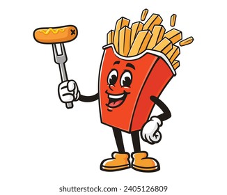 French fries with potato dog or corn dog cartoon mascot illustration character vector clip art
