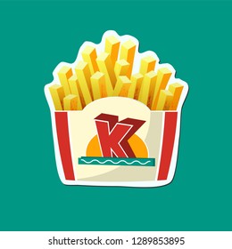 French Fries potato fast food in Carton Package Box Sticker on Green background