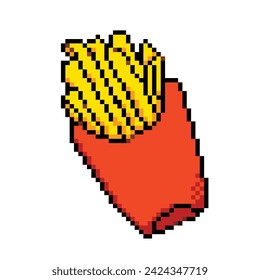 French fries potato fast food inside red packaging. Salty and delicious snack. Pixel bit retro game styled vector illustration drawing isolated on square ratio white background.