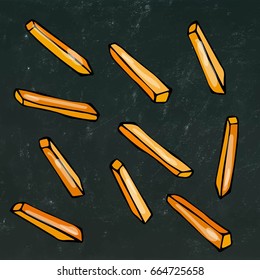 French Fries Potato. Fast Food. Realistic Doodle Cartoon Style Hand Drawn Sketch Vector Illustration. Isolated on a Black Chalkboard Background.