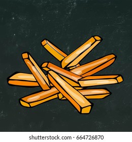 French Fries Potato. Fast Food. Realistic Doodle Cartoon Style Hand Drawn Sketch Vector Illustration. Isolated on a Black Chalkboard Background.