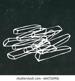 French Fries Potato. Fast Food. Realistic Doodle Cartoon Style Hand Drawn Sketch Vector Illustration. Isolated on a Black Chalkboard Background.