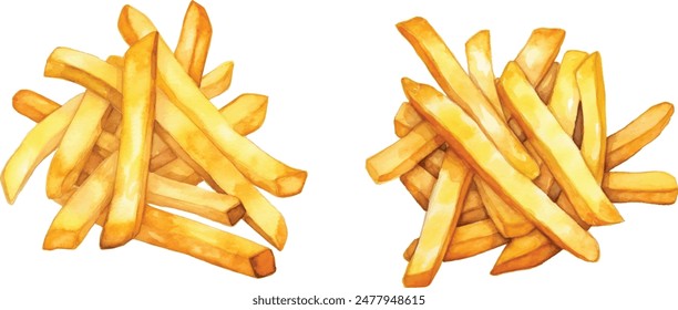 Patatas fritas, patatas fritas aisladas sobre fondo blanco, Ilustración vectorial de acuarela