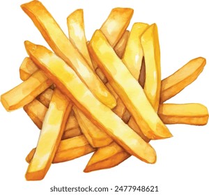 French fries, potato fry isolated on white background, watercolor vector illustration